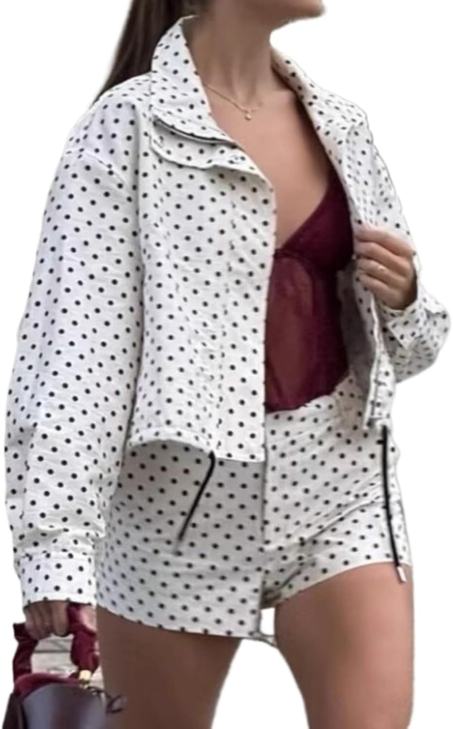 Polka Dot Jacket Front Zipper Closure Long Sleeve Lightweight Outerwear Short Length Casual Coat