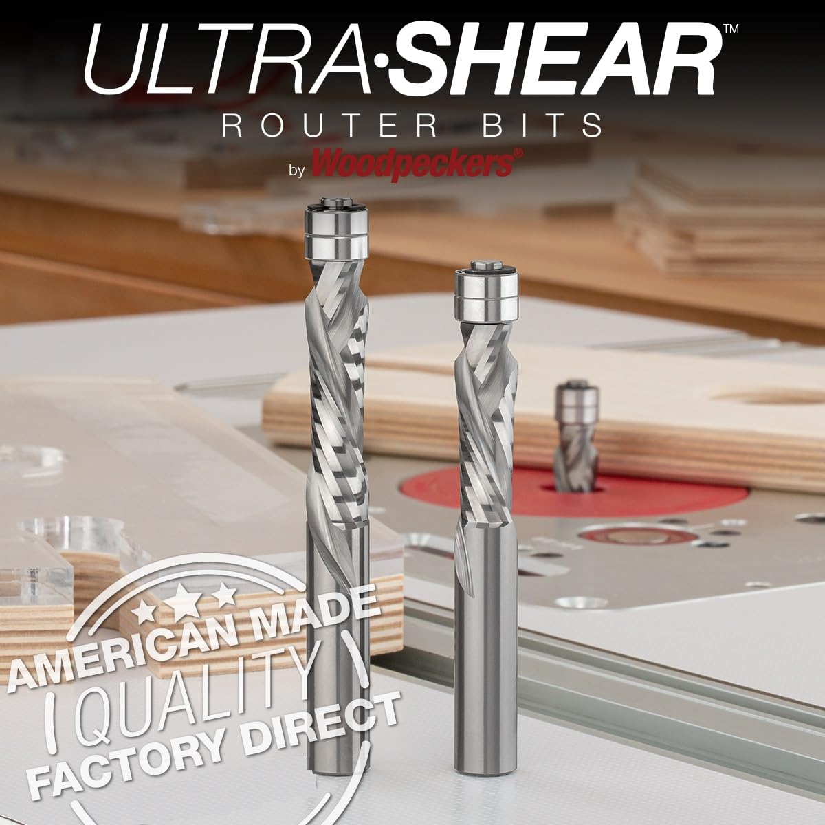 Solid Carbide Flush Trim Router Bits, 1/2" CD, 1/2" SH, 2" CL, 2FL, Compression, USA Made Spiral Bit, Twin Bearing for Template & Pattern