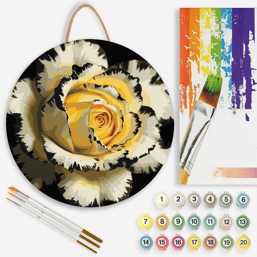 Botanical Beauty Paint by Numbers Kit for Adults on Wood Board – DIY Cream Yellow and Black Rose Wood Craft Painting Kit, 12 in Round, Acrylic Paint Set, Beginner-Friendly, Relaxing Home Decor Gift