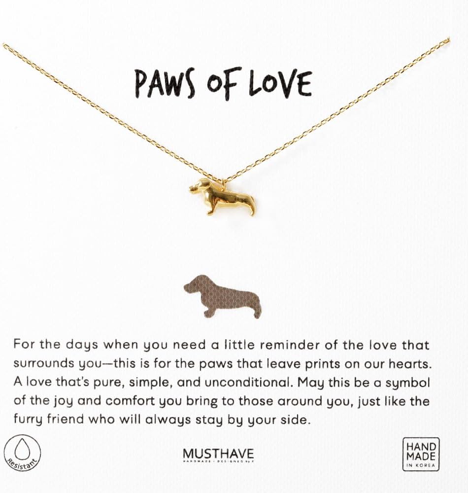 MUSTHAVE 18K Gold Plated Dog Pendant Necklace, Message Card, Dachshund, Dogmom, Dogperson, Necklace for Women, Simple, Dainty, Anchor Chain, 16+2 inch Extender (White Gold)