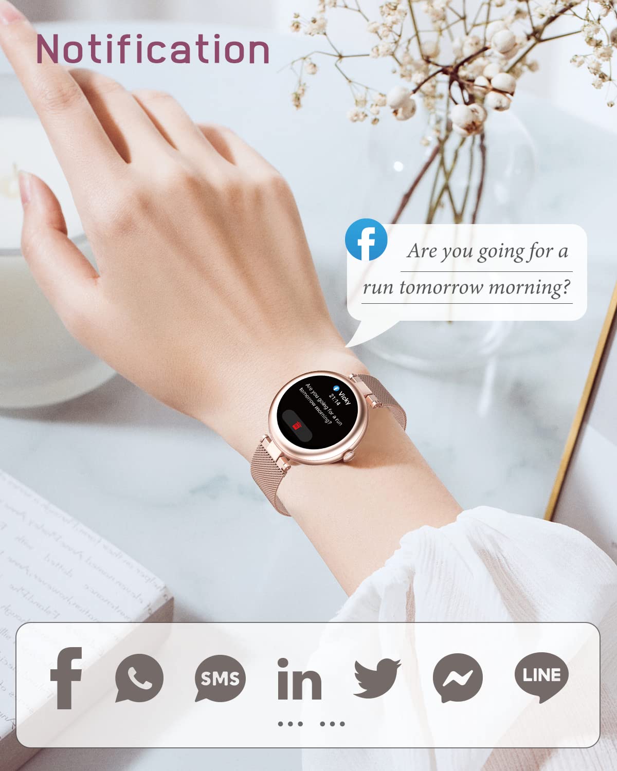 Lynn Montre Connectée Femme Bracelet Acier Ronde Petite 1,09 Pouce Smartwatch Sport Cardio Podometre Saturation Oxygène Multifonctions Or