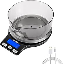 NEXT-SHINE Kitchen Food Scale with Bowl, 5kg 11lb USB Rechargeable Digital Grams and Ounces 1g Precise Graduation and LCD Back-lit Display for Cooking Dieting Baking Weight Loss