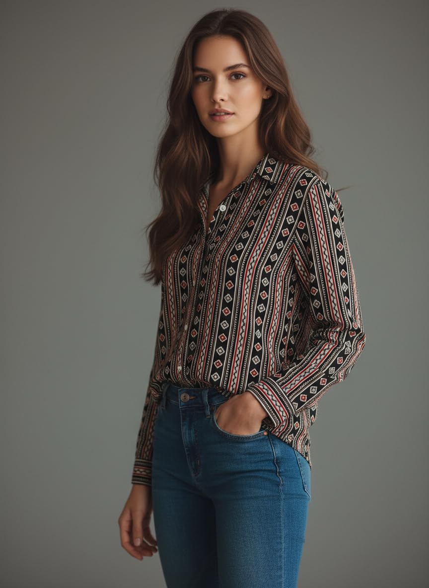 ANNI Designer Bedrucktes Damenhemd aus Baumwollmischgewebe, langärmelig, normale Passform, Hemdkragen, legere Bürokleidung, elegante Western-Kleidung für den Alltag, Hochzeit, Party