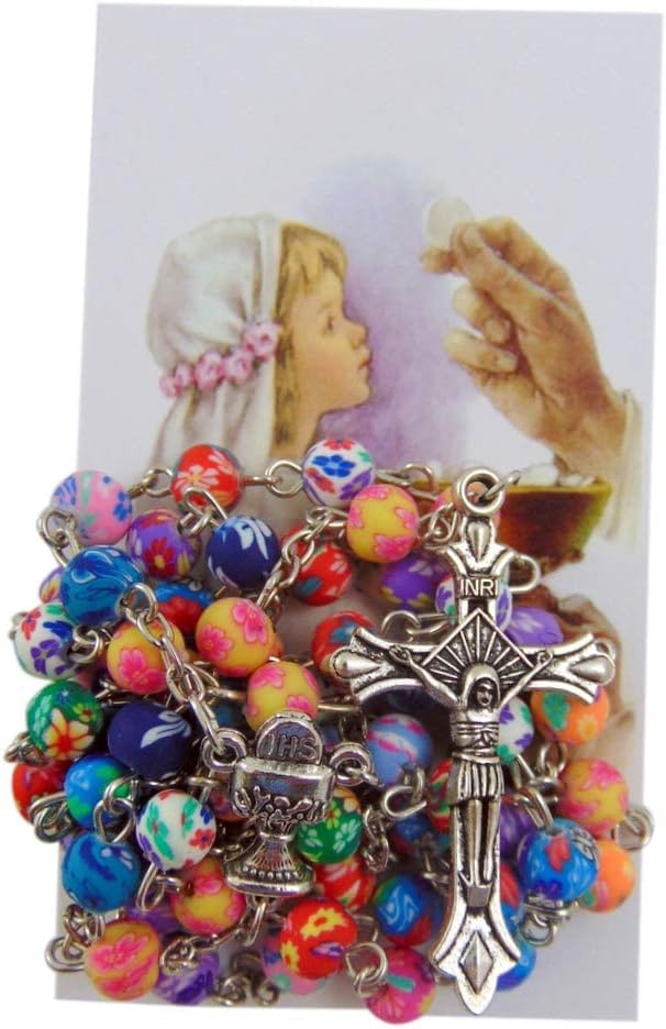 Westmon Works First Holy Communion Rosary Set with Colorful Flower Beads Prayer Card and Bag - Image 2