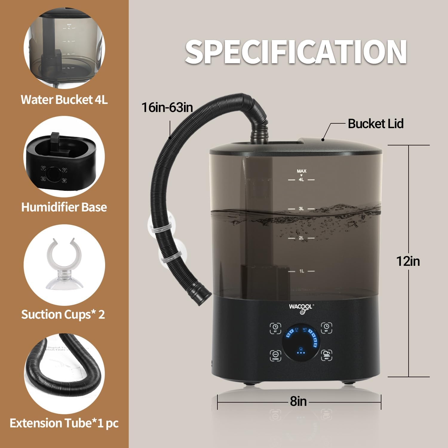 WACOOL Reptile Fogger Mister 4L No-Leak Top-Fill Water Humidifier - Digital Timer Terrarium Fogger with Adjustable Fog Volume and Silent Operation for Snake/Gecko/Gecko Tanks