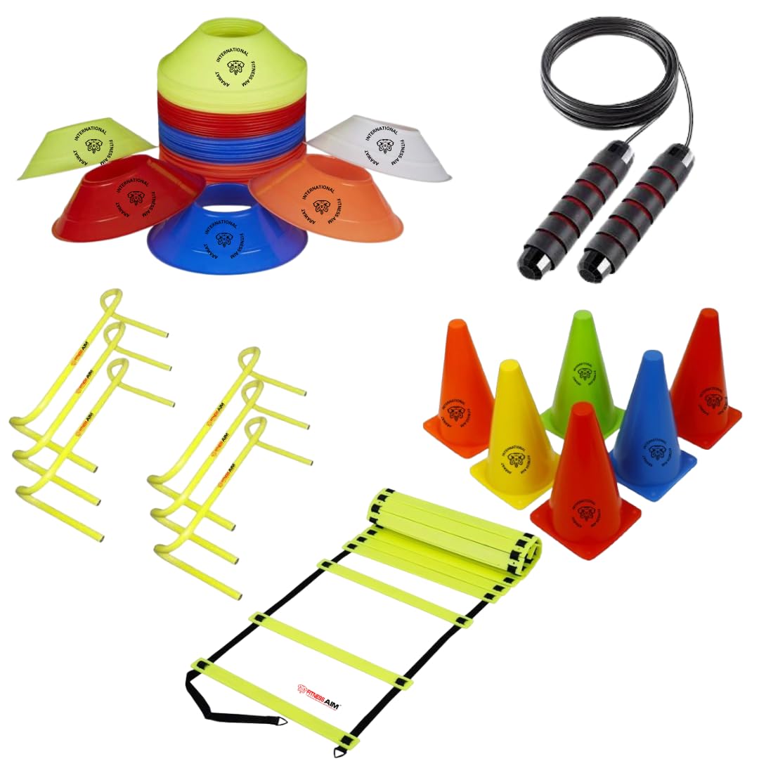 FITNESS AIM PVC Cones, Pack 10, 30 Saucer Cone and Ladder Agility 4 Meter, Rope and Hurdle, Track and Feild Combo (Multicolour, 6 Inch) (48)-image-18