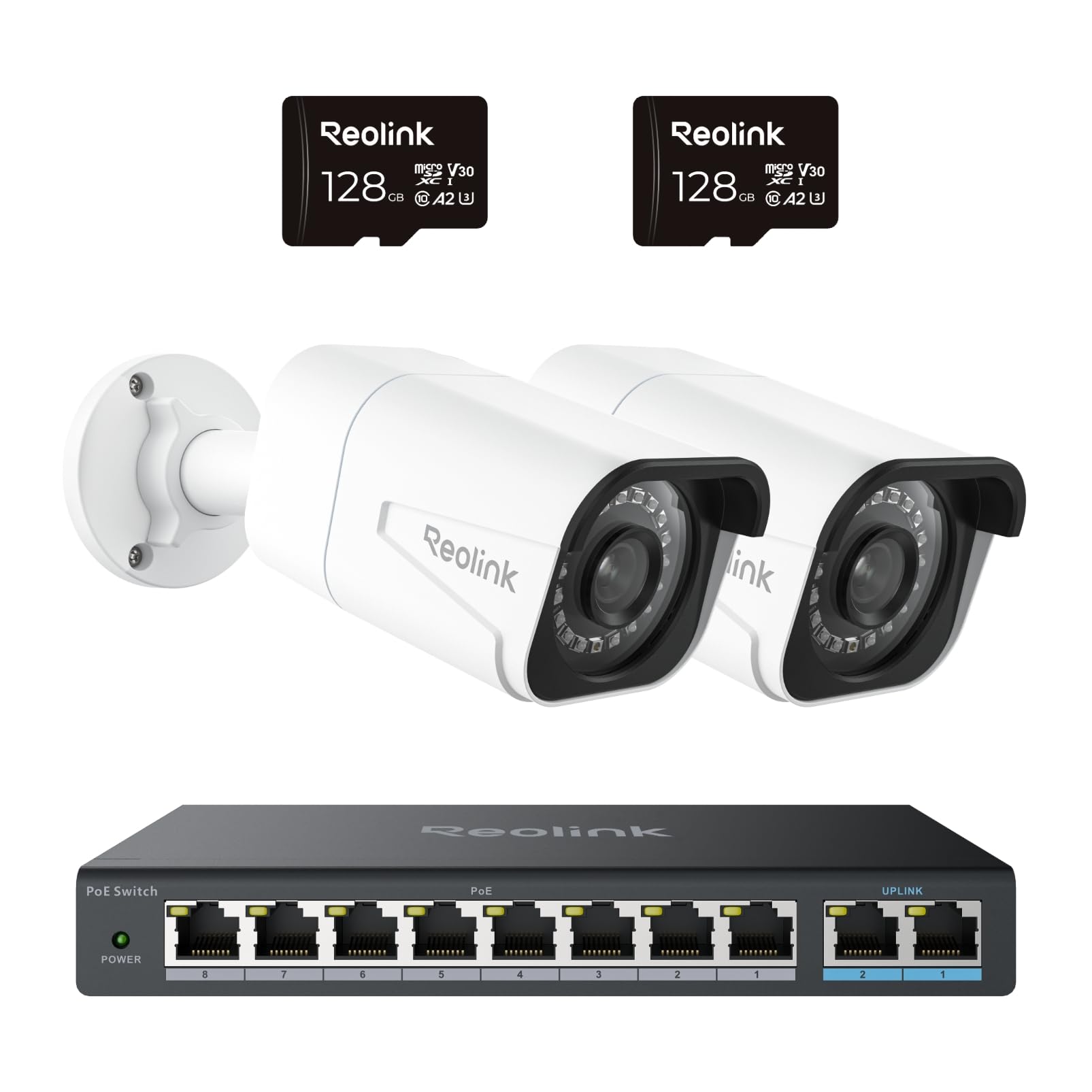 Reolink 4K Smarte PoE Überwachungskamera Aussen mit Personen-/Fahrzeug-/Tiererkennung, 8MP IP Kamera mit IR Nachtsicht, Wasserfest, 2X RLC-810A mit 2X 128GB microSD Karten und PoE Switch