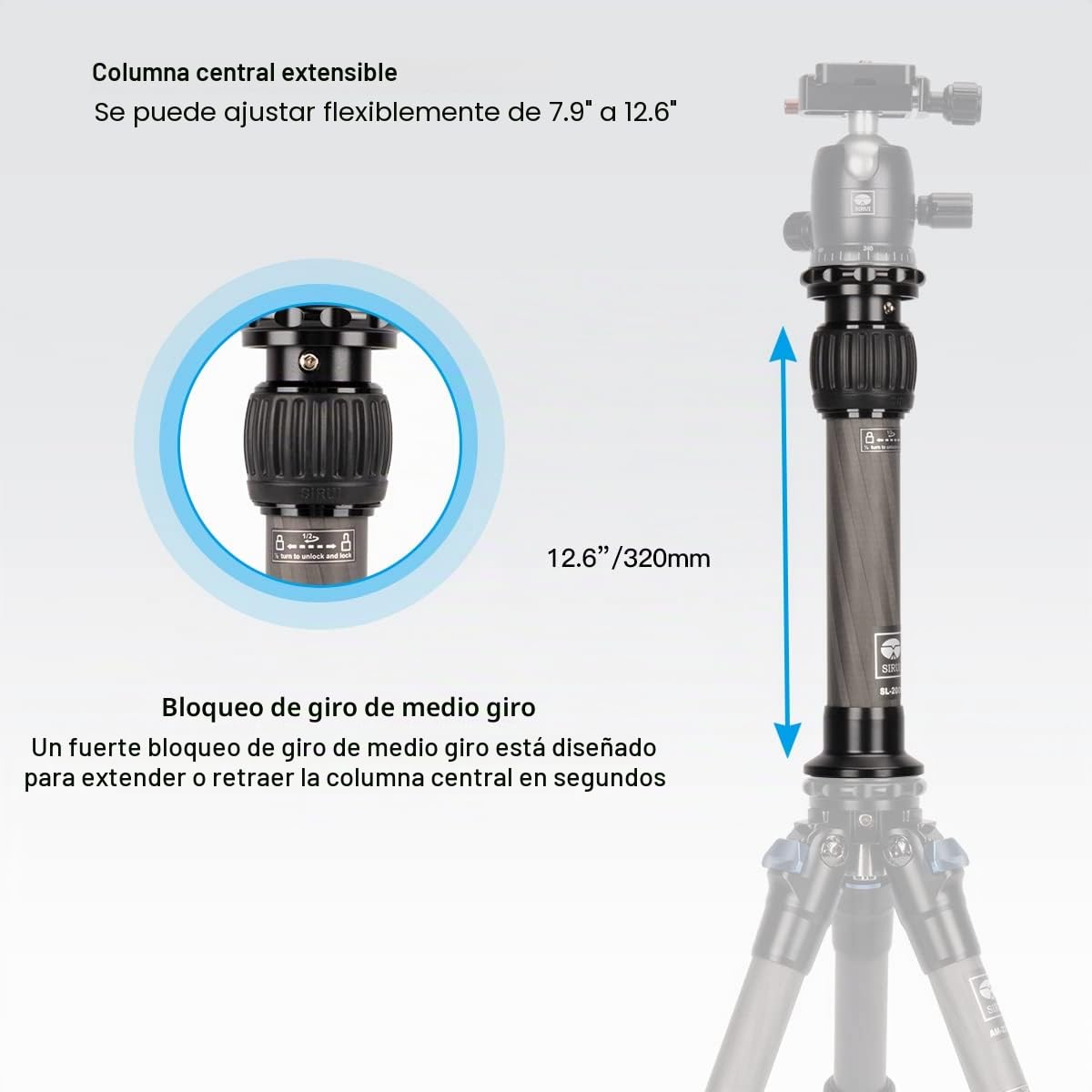 SIRUI Extensión Universal de Fibra de Carbono para Trípode, Monopié, Cámara Réflex Digital, Tubo máximo de 320mm, Carga 15kg - SL-200