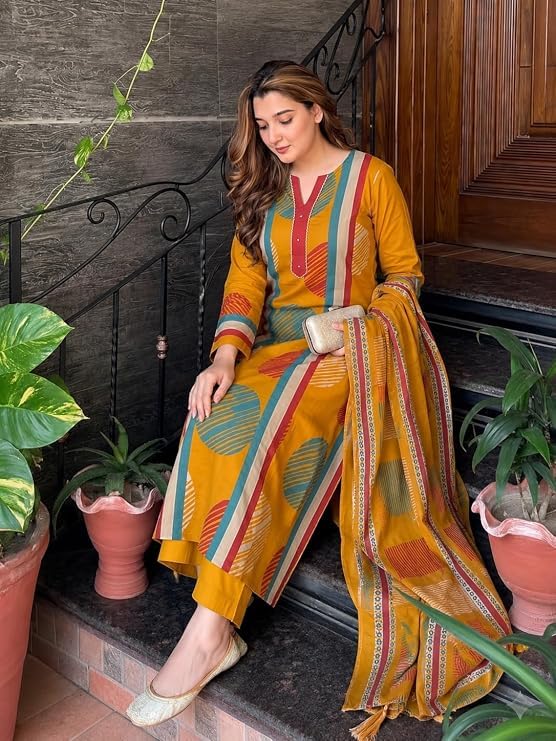 Image of ANNI Designer Cotton Blend Printed Straight Kurta with Pant and Dupatta for Women | Cotton Blend Mustard | Full Sleeve | Round Neck V-Slit | Ethnic Wear Casual Wear