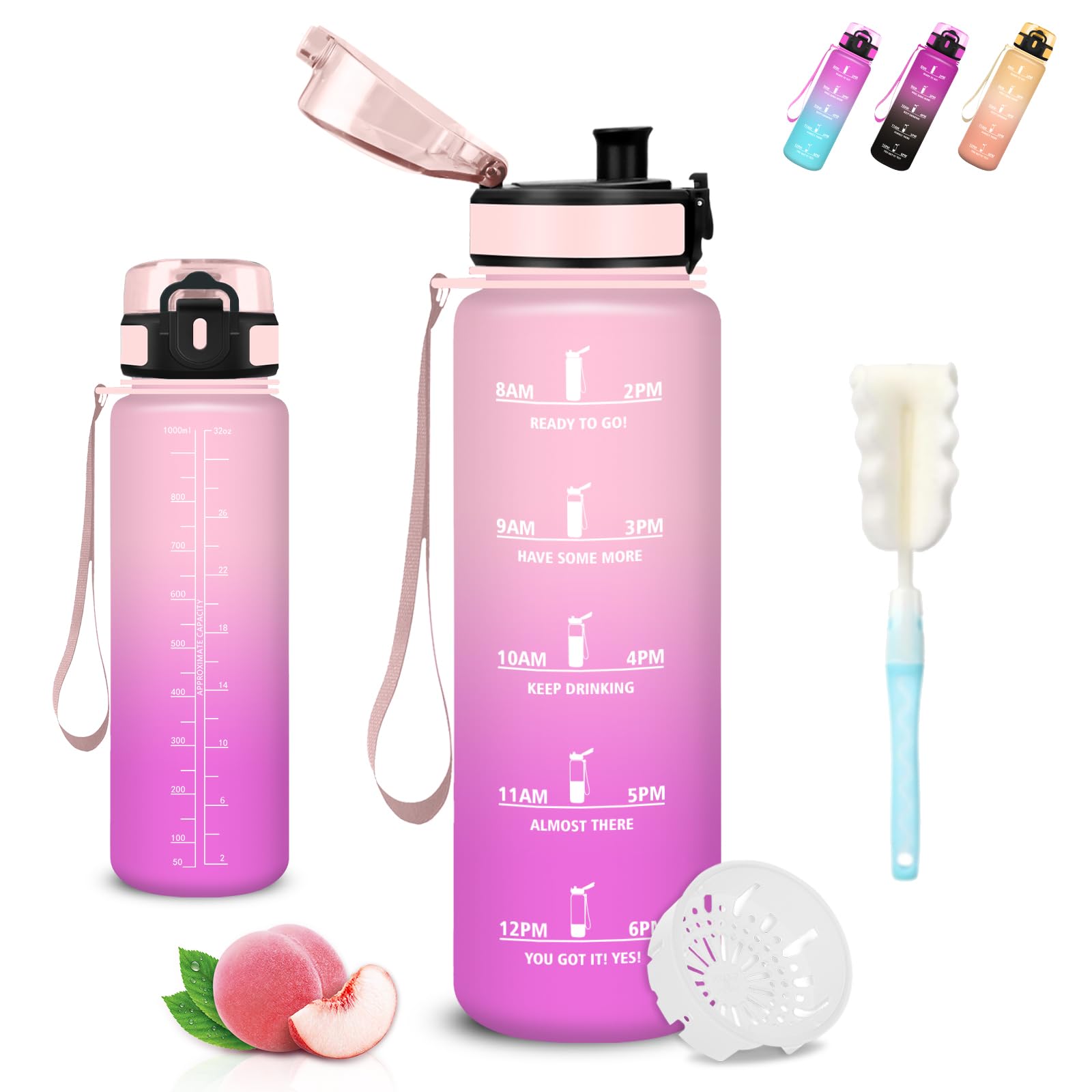 Mujigaga 1 Litre Water Bottle Gym Leakless Motivational Water Bottles with Sponge Brush Sports Water Bottles Inspirational Slogan Yoga Hiking