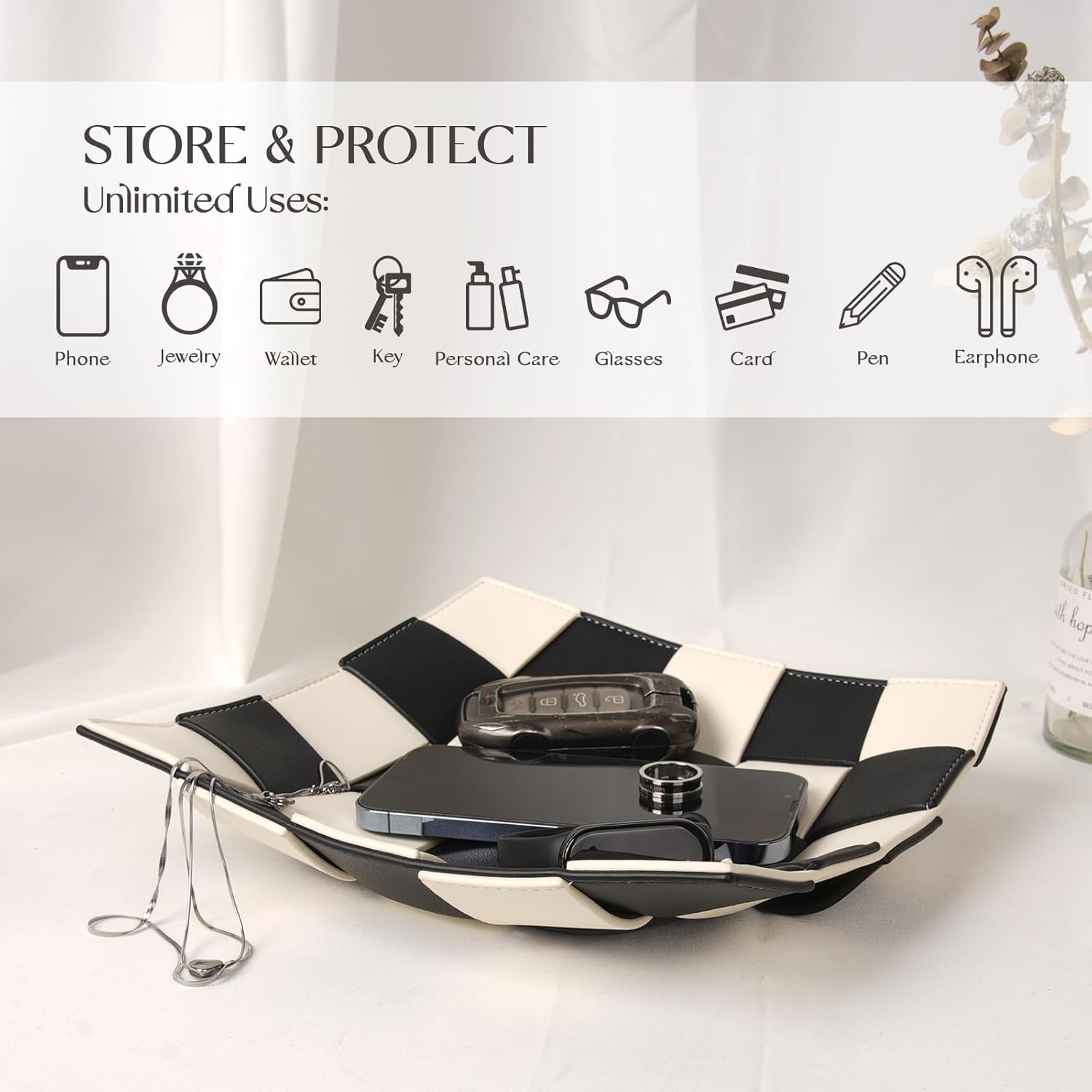 Valet Tray for Men Leather Key Tray for Entryway Table Bedside Nightstand, Desktop Organizer Catch-All for Wallet, Watch, Remote, Keys, Cell Phones, Checkerboard - Image 4