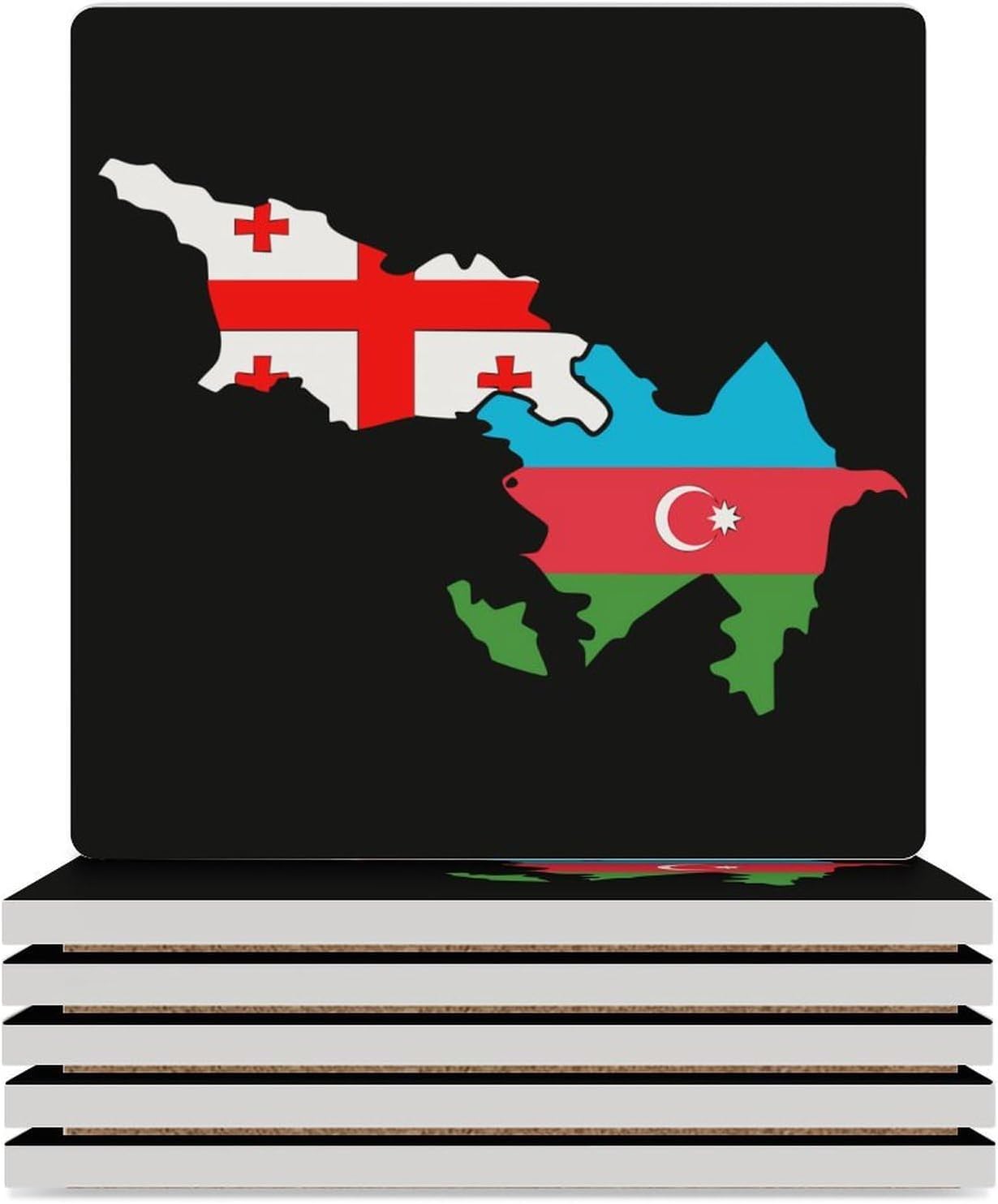 Azerbaijan and Georgia Flag Map Funny Ceramic Coasters for Drinks Absorbent Cup Holder Tabletop Protector with Cork Base