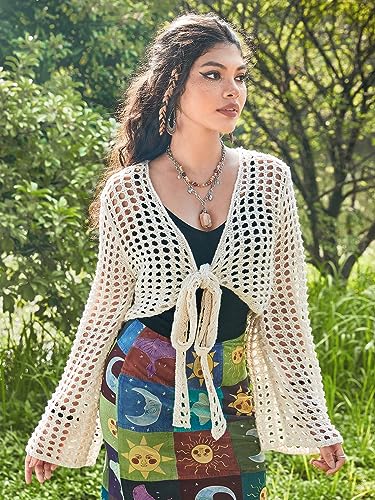 SweatyRocks Women's Long Sleeve Tie Front Cardigans Tie Front Hollow Out Cardigan Sweater Outwear4