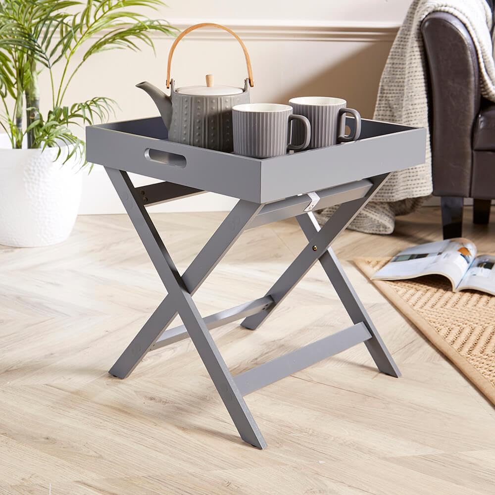 Home Source Butlers Side Table Portable Wooden Food Drink Serving Tray, Grey, 40cm