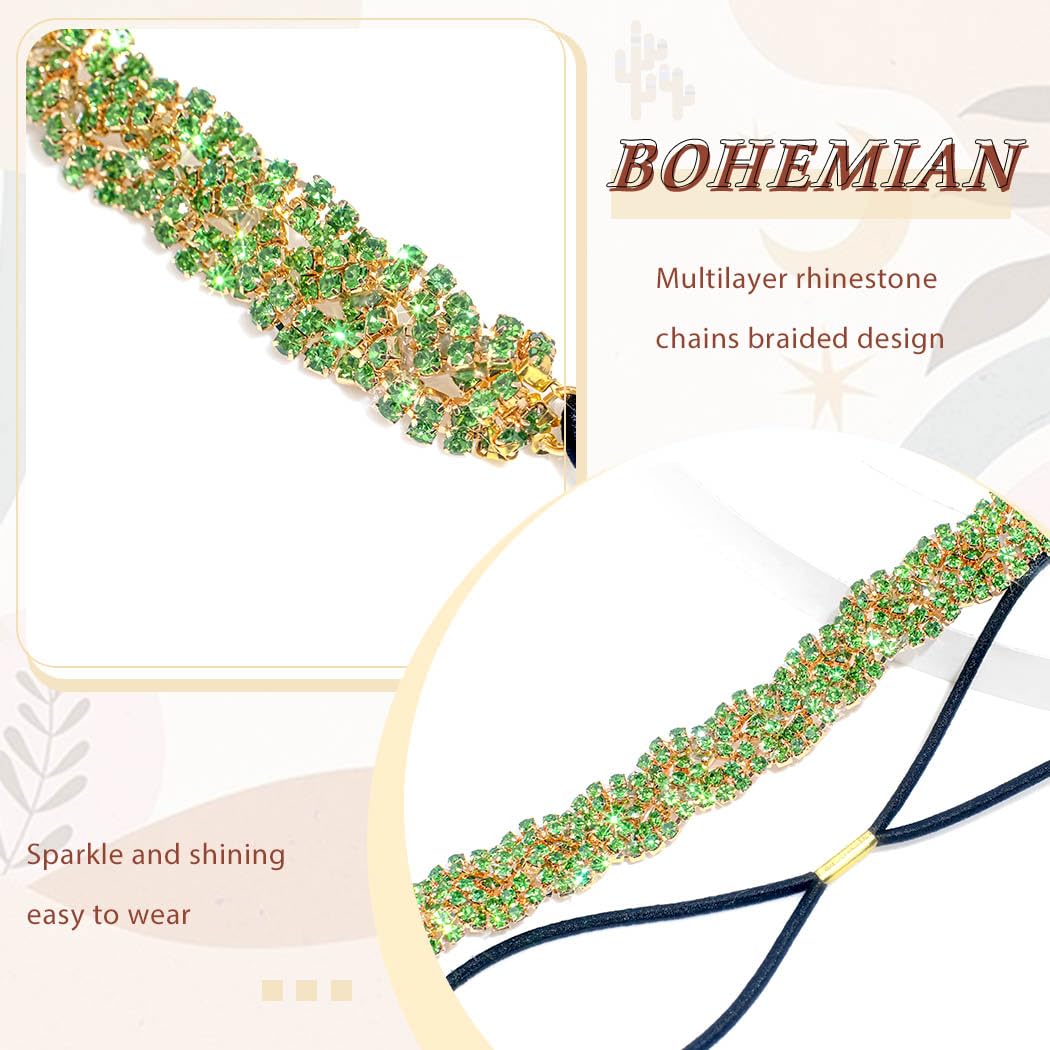 Women's Rhinestone Headbands Sparkly Elestic Hairband Vintage Metal Headbands Sparkly Elegant Party Daily Head Chain (Grass Green, M) - Image 2