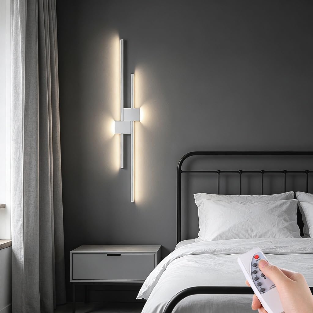 BBWO Indoor LED Wall Light Living Room Wall Lamp Linear Double-Head Design Modern Bedside Lamp Dimmable with Remote Control Suitable for Bedroom Dining Room Corridor Stairwell Hallway(B,80cm)