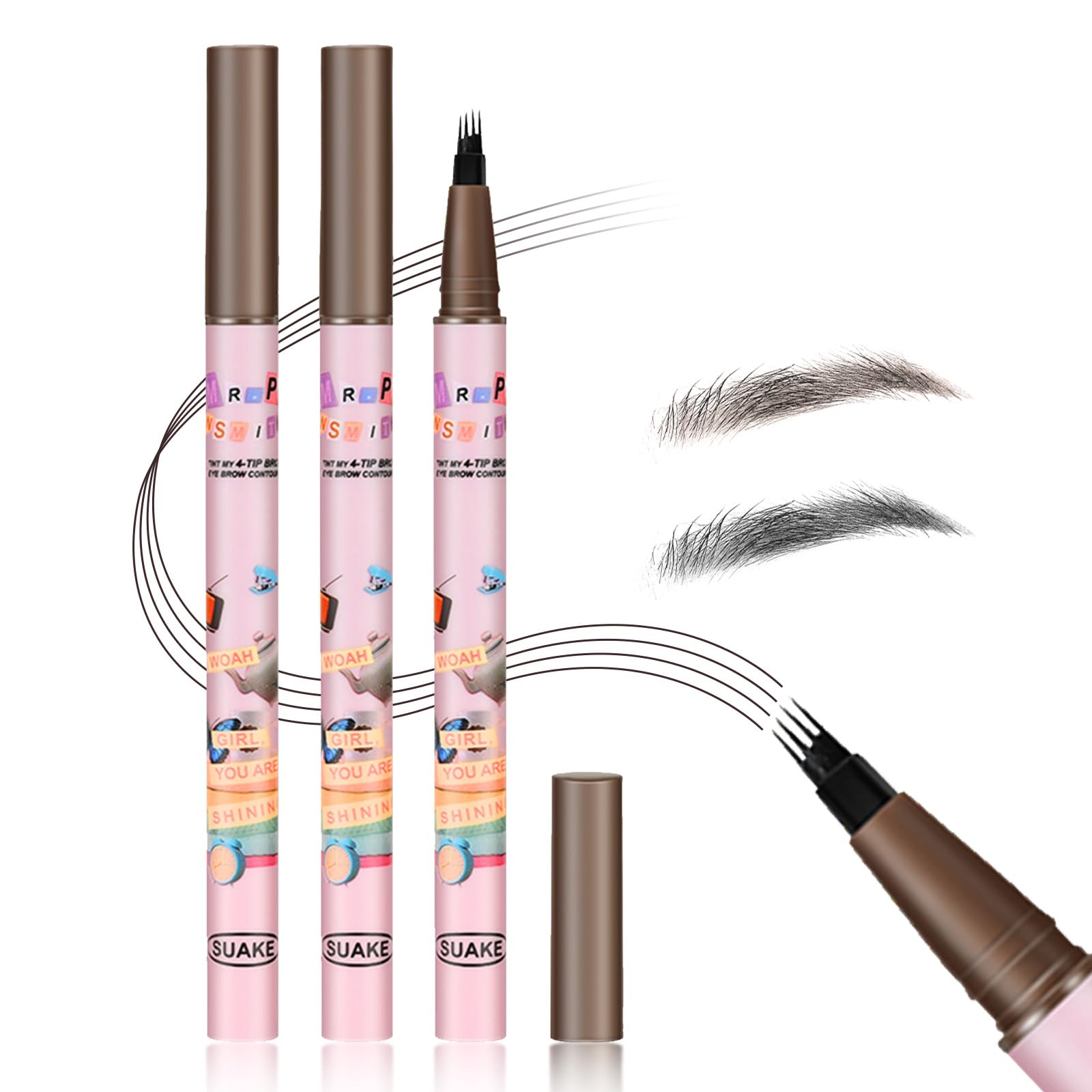 2 Pcs Magic Eyebrow Pencil,Eyebrow Microblading Pen Waterproof Brow Pencil with Hair Like Strokes,4-Tipped Precise Eye Brow Pen with Micro-Fork Creates Natural Looking Eyebrow Dark Brown+Black