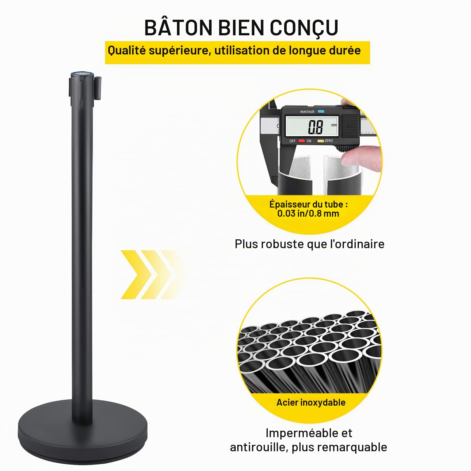 VEVOR Poteau de Guidage 6PCs 90 cm, Barrière de Balisage pour le Contrôle de Foules avec 3 Ceintures Rétractables Noires, pour Délimitation Séparation File d'Attente en Public École Théâtre Exposition