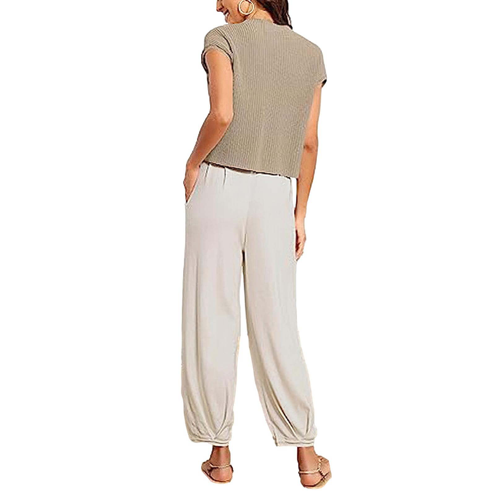 amropi Chándal de Mujer Conjuntos de Punto Jersey de Casual Manga Corta y Pantalón Jogging Lounge Set