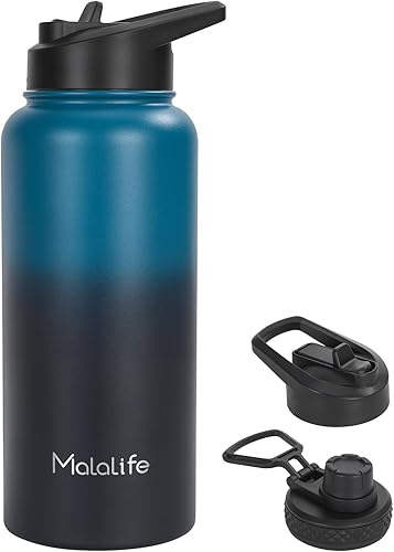 Botella de agua aislada de acero inoxidable, tapa doble, botella grande, doble pared al vacío, botella deportiva de boca ancha (mantiene el frío 12