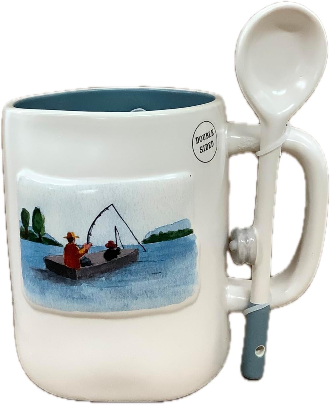 Rae Dunn Father's Day Coffee Tea Ceramic Mug (Gone Fishing with Fishing Rod Spoon)