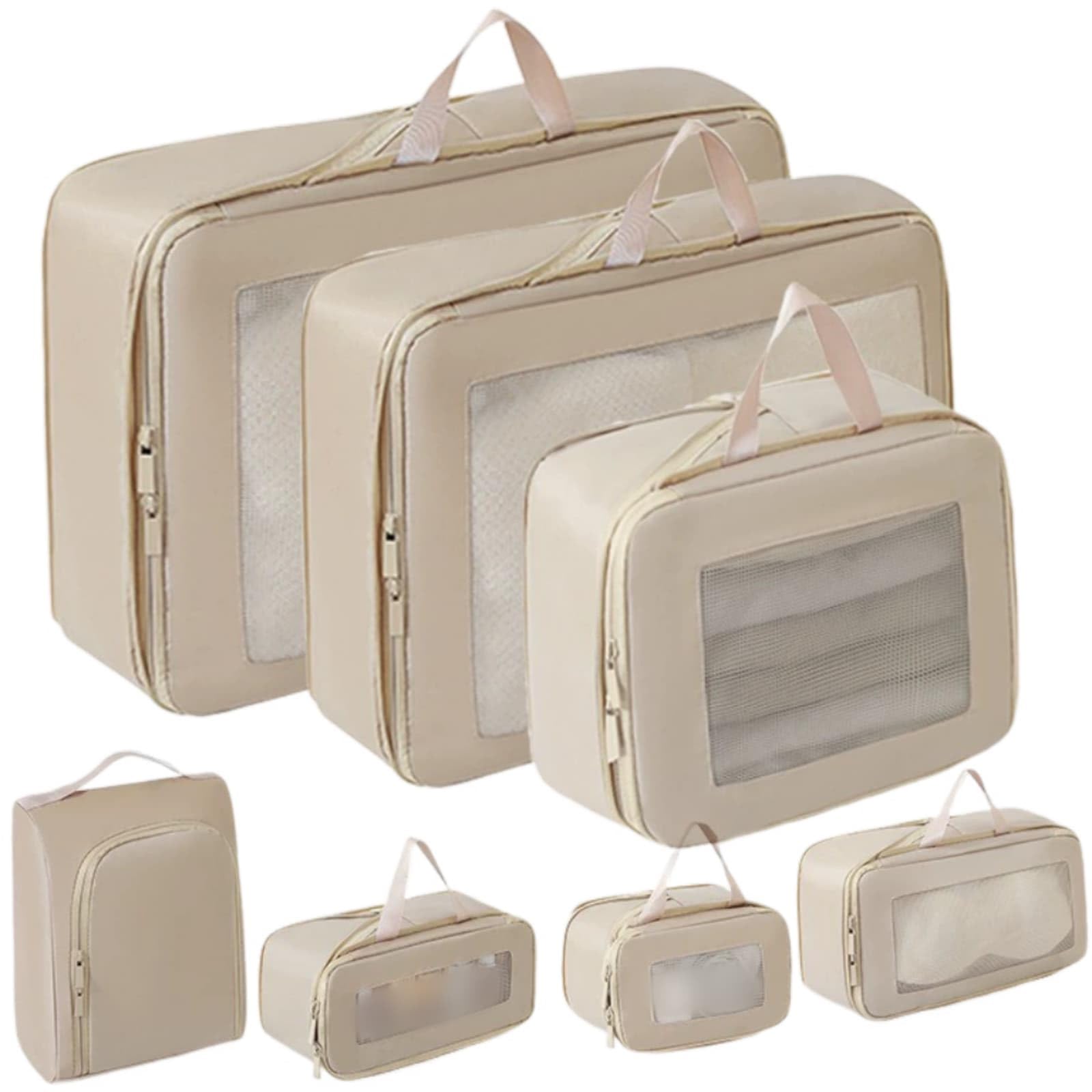 Cubi Organizer da Viaggio Compressione 7 Pezzi (Colore kaki) | Organizer Valigia Salvaspazio con Rete Packing Cube Set Sacchetti Organizzatori Valigia per Casa Cosmetici Scarpe Intimo