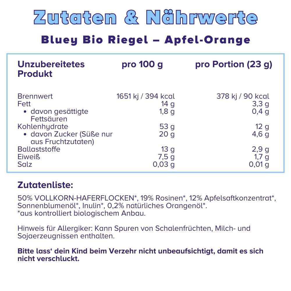3Bears Bluey Müsliriegel für Kinder – Apfel – 6er Pack – Kinder Riegel mit Haferflocken – Fruchtriegel Kinder – Snacks für Kita & Schule - Ohne Palmöl - Vegan
