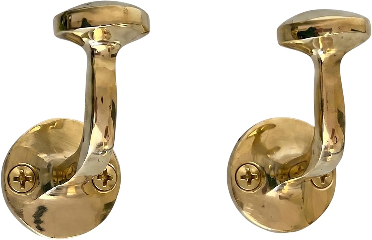 Ganchos de pared de latón macizo, juego de 2, ganchos para abrigos resistentes hechos a mano para baño, entrada, dormitorio, cocina, batas, toallas, sombreros y bolsos, latón sin lacar