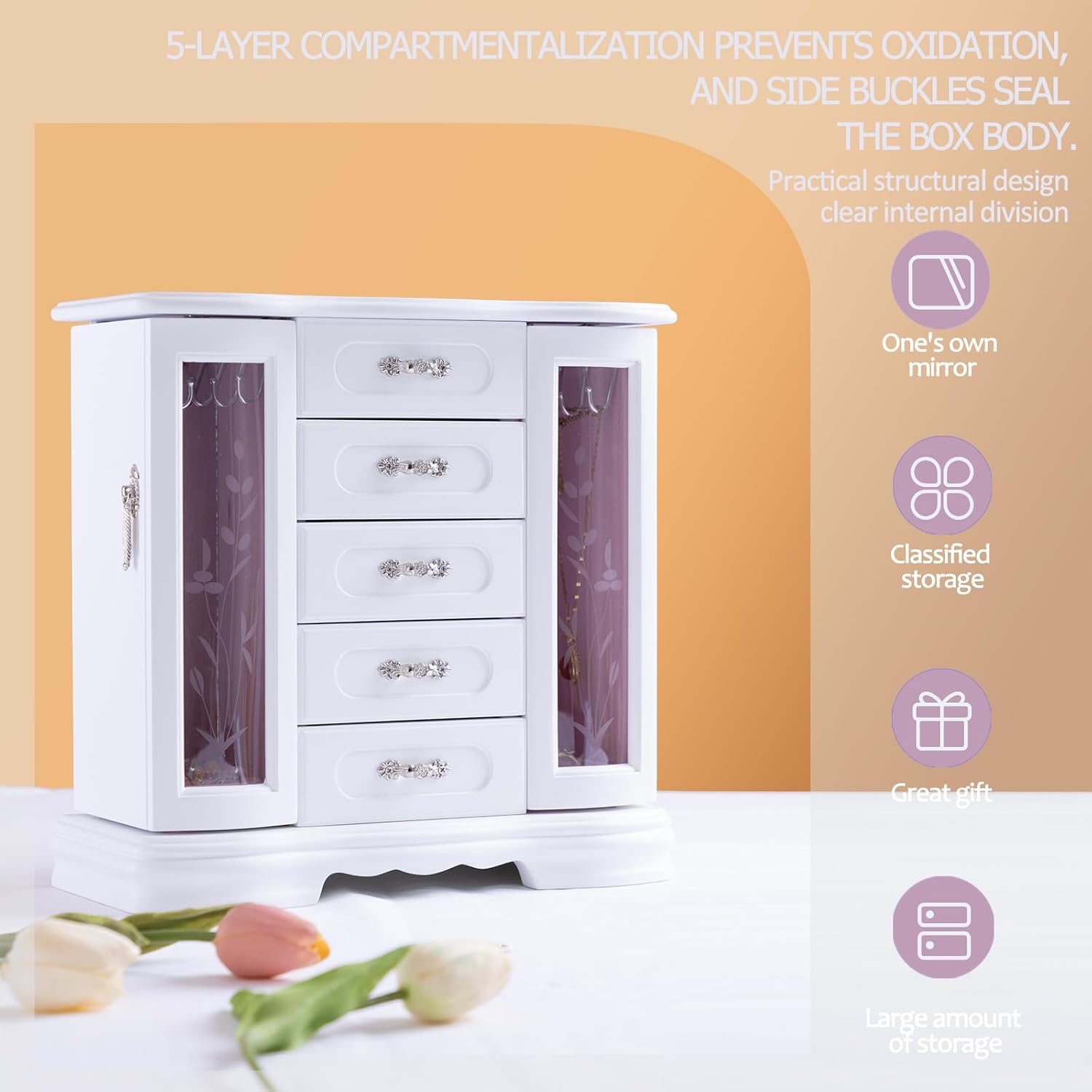 Jewelry Boxes For Women,Handle Caebing Craft Wooden Jewelry Box,With 12Hooks And Velvet Lining White Jewelry Boxes,Suitable As Gift For Friends - Image 6