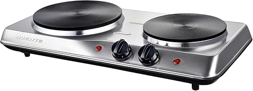 OVENTE - Quemador eléctrico de doble encimera, 1700W, olla de cocina con placas calientes de hierro fundido de 7.25" y 6.10", control de