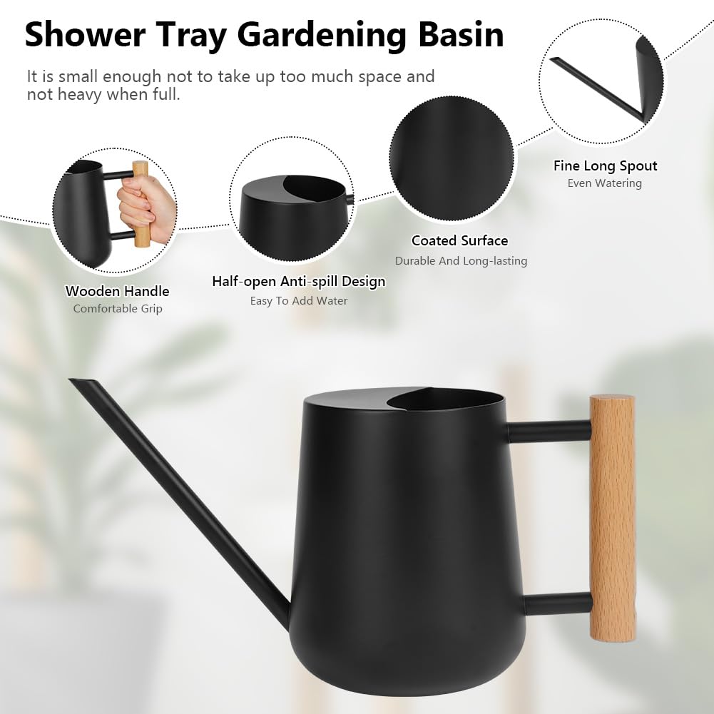OFFCUP 35oz 1L Regadera Pequeña, Regadera de Acero Inoxidable para Jardín, Regadera con Caño Largo y Cómodo Mango de Madera, Regadera para Plantas, para Vivienda Exteriores Interior (Negro)