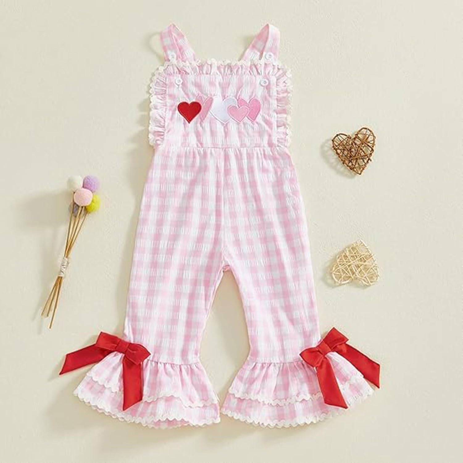 Baby Girl Heart Plaid Overalls Toddler Bell Bottom Jumpsuit Infant Cute Rompers Flare Pants Princess Birthday Outfit