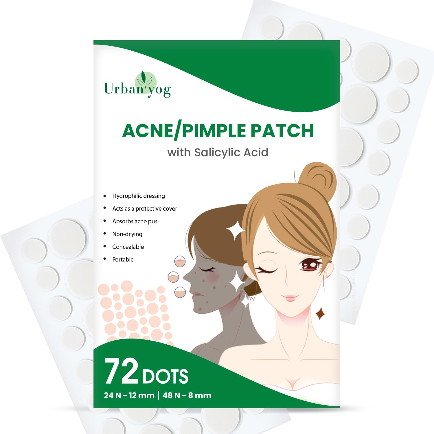 Urban yog Acne Pimple Patch - Invisible Facial Stickers cover with 100% Hydrocolloid, Pimple Patches for Face (72 Dots)
