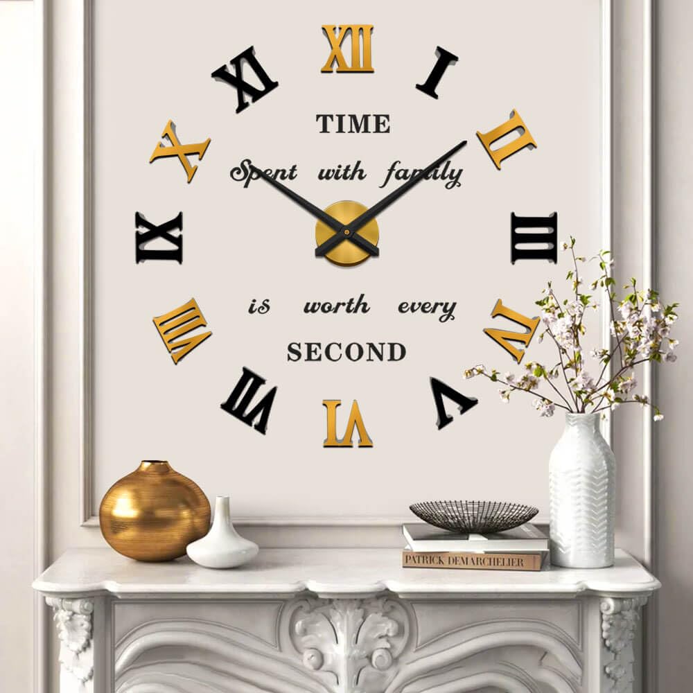 VANGOLD Large 3D DIY Wall Clock Roman Numerals Clock Frameless Mirror Surface Wall Sticker Home Decor for Living Room Bedroom