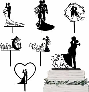 7 PCS Wedding Cake Toppers, Acrylic Silhouette Bride and Groom Cake Decorations, Black Romantic Atmosphere Decorations,Anniversary Cake Decorations