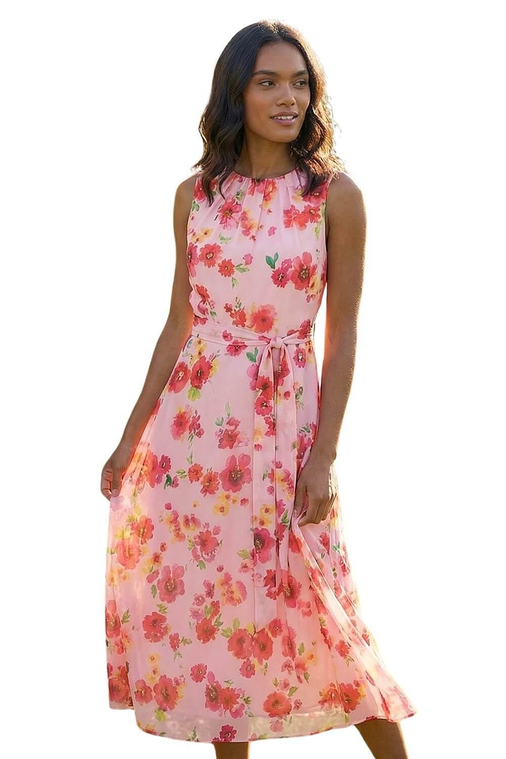 Roman Women's Pink Floral Pleated Chiffon Midi Dress In | : Size 12