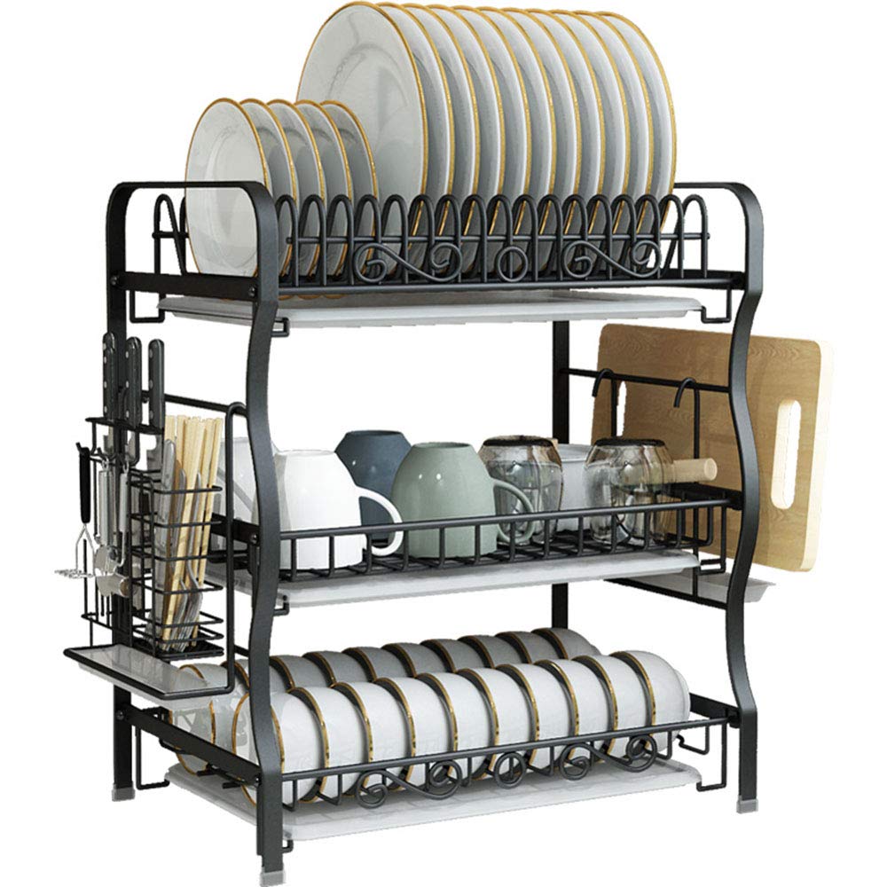 TYUHDUYUR Multi-Function Dish Drying Rack Dish Drainer Rack for Plate/Utensil on Kitchen Countertop, Black Storage Rack with Cup Holder/2 Layer (3 Layer) ()