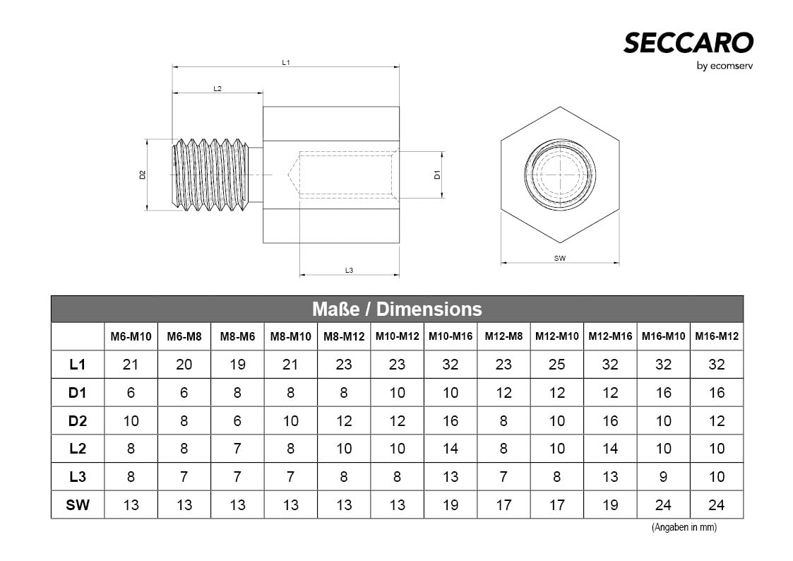SECCARO Réducteur M10 sur M16, acier inoxydable V2A VA A2, hexagonal, filetage intérieur et extérieur, 5 pièces