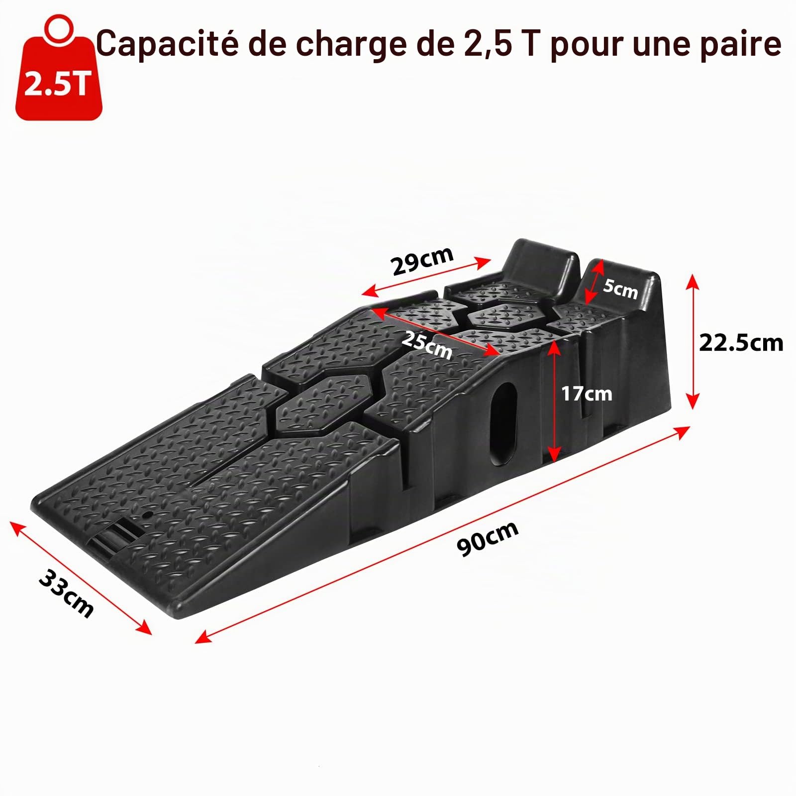 Lot de 2 rampes d'accès en plastique pour voiture - Charge maximale : 2,5 tonnes - Largeur d'accès : 320 mm - Plateforme de levage