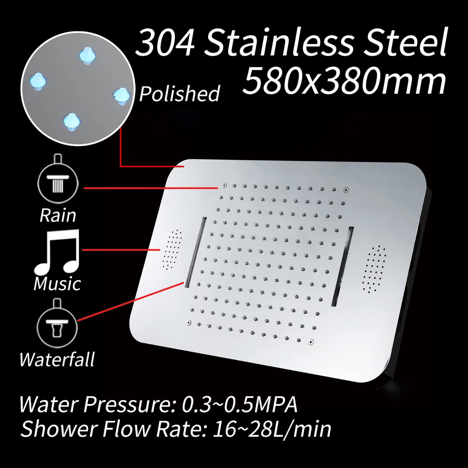 Soffione Doccia LED Musica, Cromato 2 Funzioni Soffione Doccia a Pioggia 304 Acciaio Inox Docce Fisse 64 Colore Grande Soffione Doccia Fisso ad Alta Pressione Testa Doccia,Touch Control