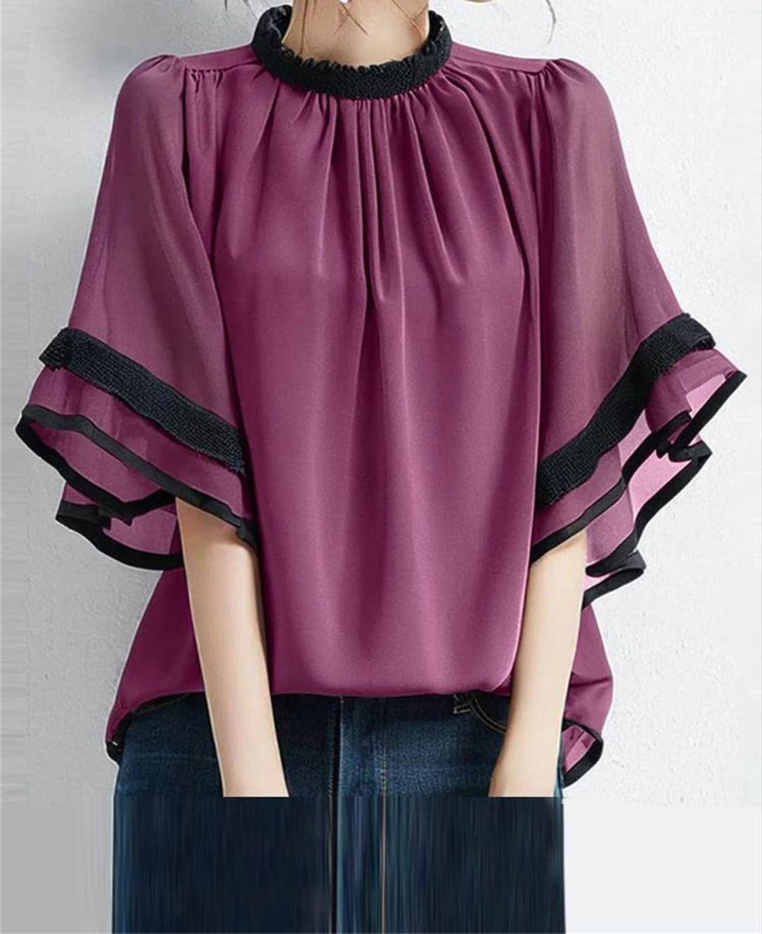 Yeuyyben Elegante camicetta da donna patchwork moda camicia estiva O collo corto svasato manica da lavoro top tunica camicia allentata