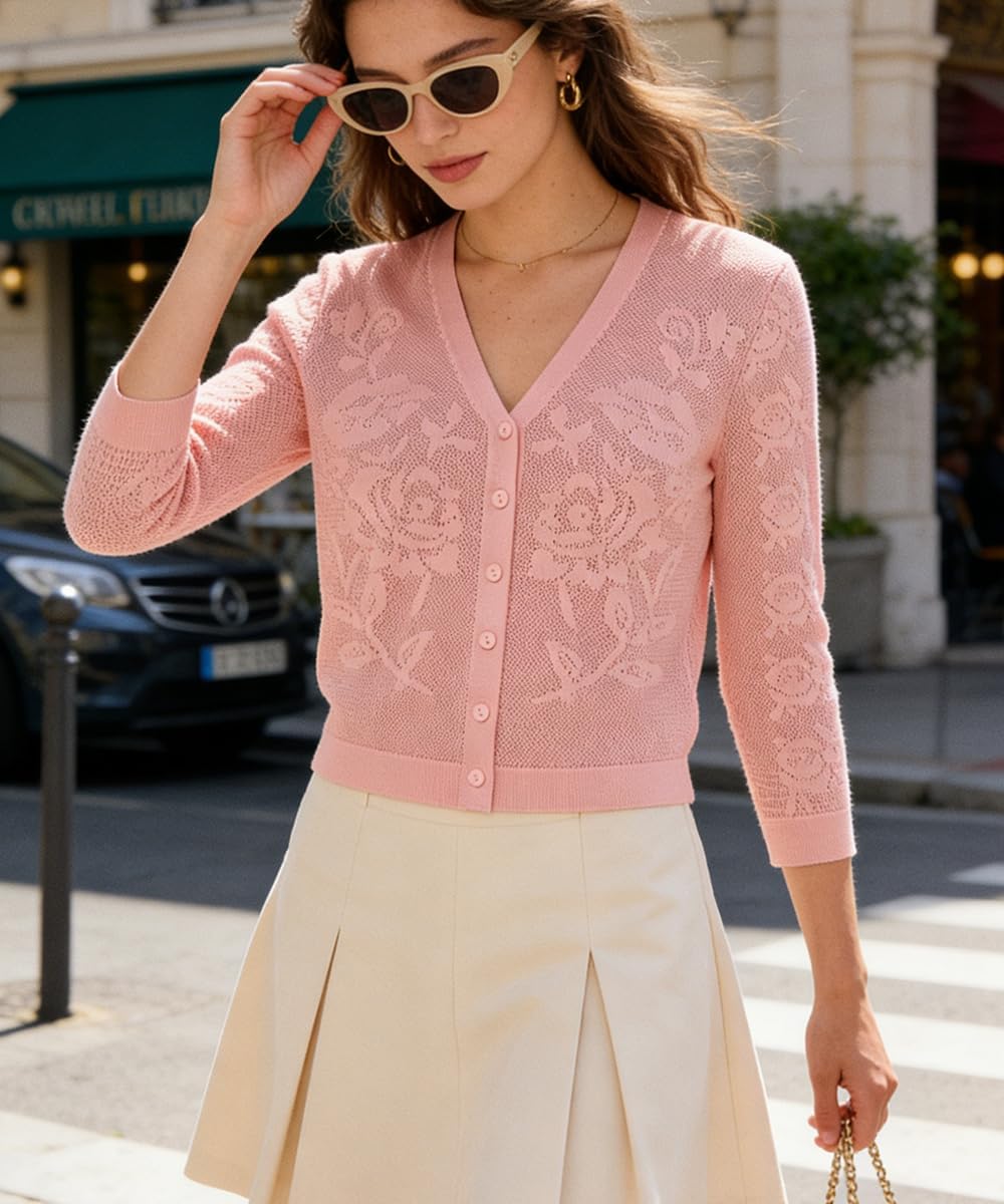 Belle Poque Womens Summer Cropped Cardigan Sweaters Lightweight Crochet Bolero Shrugs 3/4 Sleeve Button Down V Neck Cardigans - Image 6