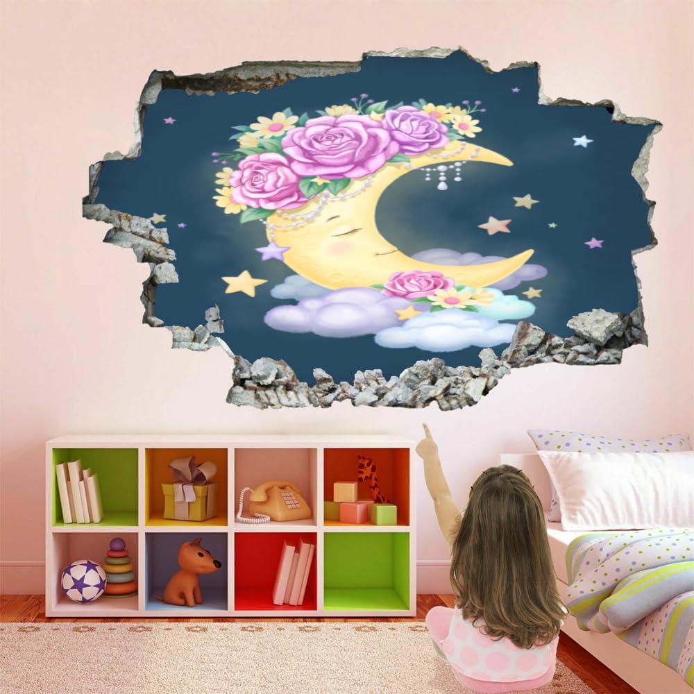 Efecto De Pared Rota 3D Nube De Luna Pegatinas De Pared Impermeables Arte Extraíble Las Flores Calcomanía De Vinilo Para Pared Para Niños, Niñas, Guardería, Hogar, Decoración De Pared