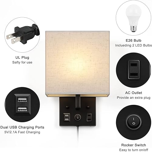 Miniatura 6 de Vrisa Lámparas de pared para dormitorio, juego de 2 lámparas de noche enchufables montadas en la pared con puertos USB, accesorios de pared para