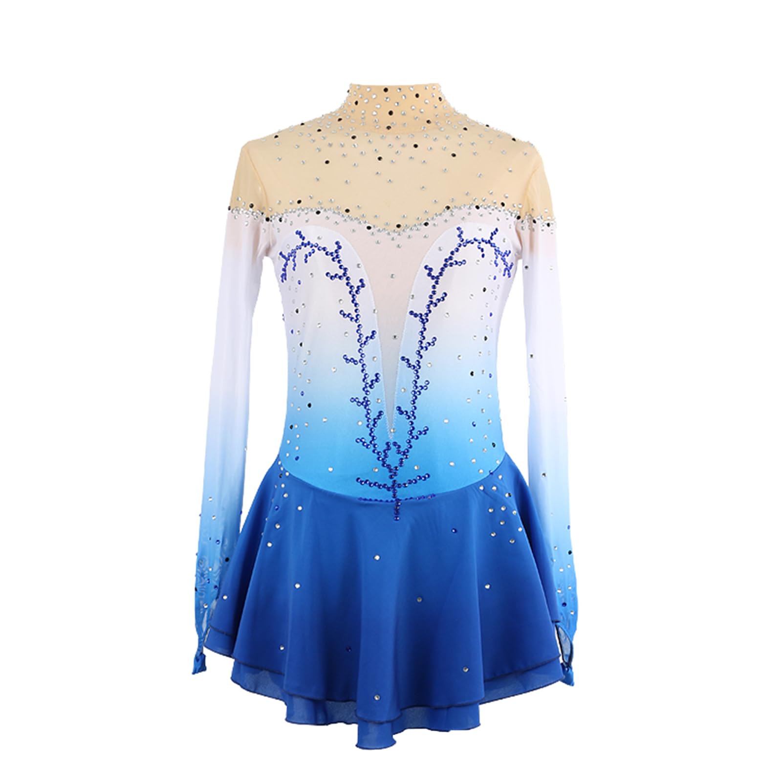 Vestido de Patinaje artístico, Cuello Alto con Diamantes de imitación degradados, Traje de competición, Leotardo de Danza lírica y Gimnasia, Vestido de Patinaje sobre Hielo (Azul XXL)