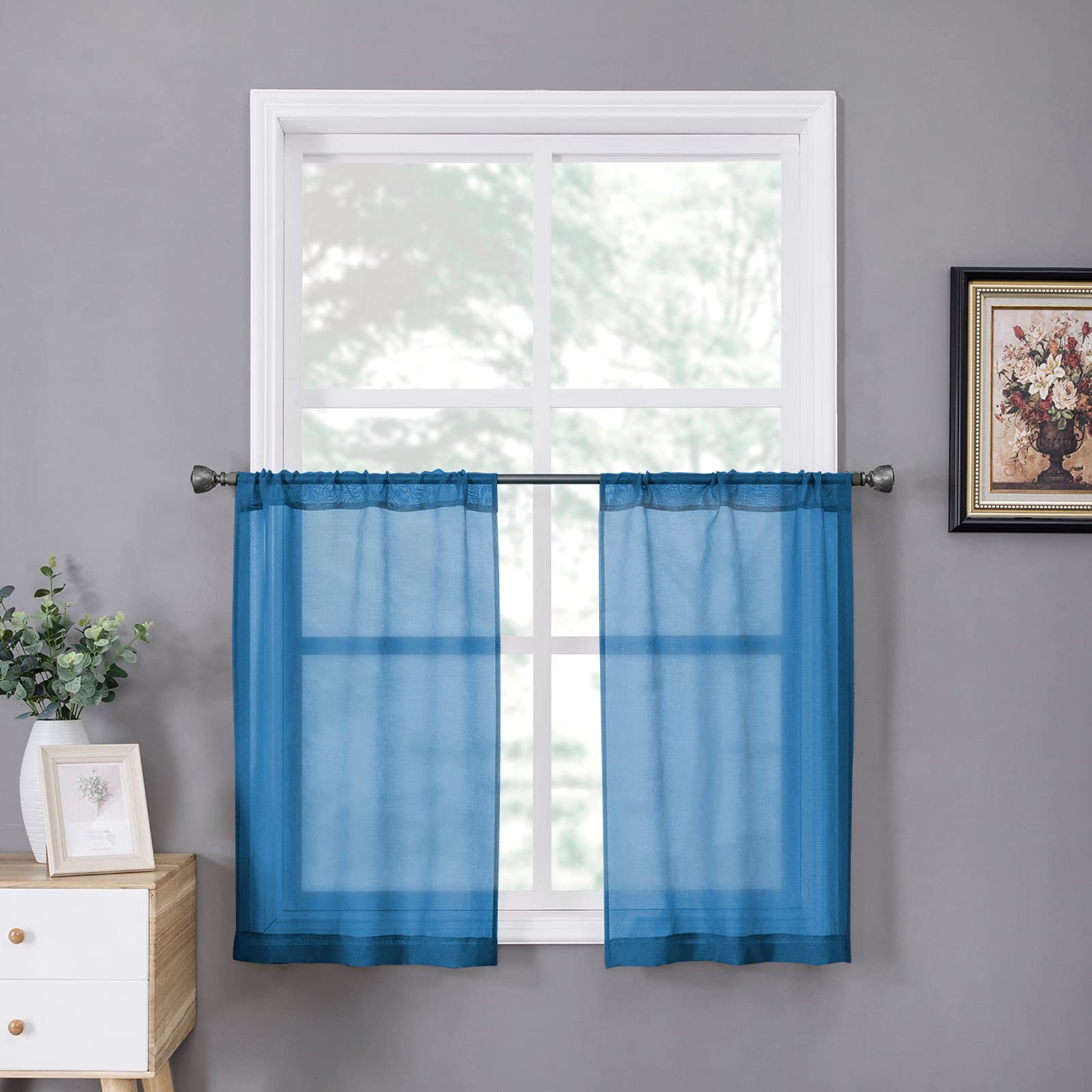 Tollpiz Short Sheer Tier Curtains Linen Textured Half Kitchen Curtain Sheers Light Filtering Rod Pocket Voile Small Curtain for Bathroom, 25 x 24