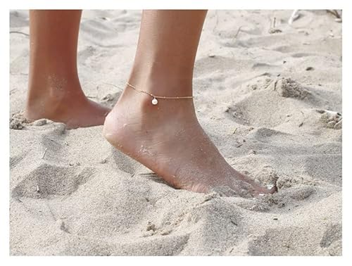 Kyerlyn 14K Gold Plated Pearl Anklet Dainty Pearl Anklet Bracelet Minimalist Satellite Chain Pearl Charm Anklet Beach Foot Chain Anklet Summer Foot Jewelry For Women #TOP2