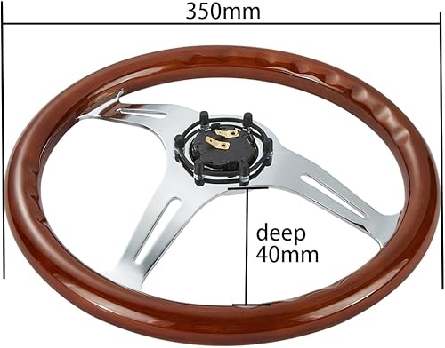 Miniatura 7 de Volante universal de 13.780 in, 14 pulgadas, estilo nostalgia clásico, de grano de madera, radios plateados con botón de bocina