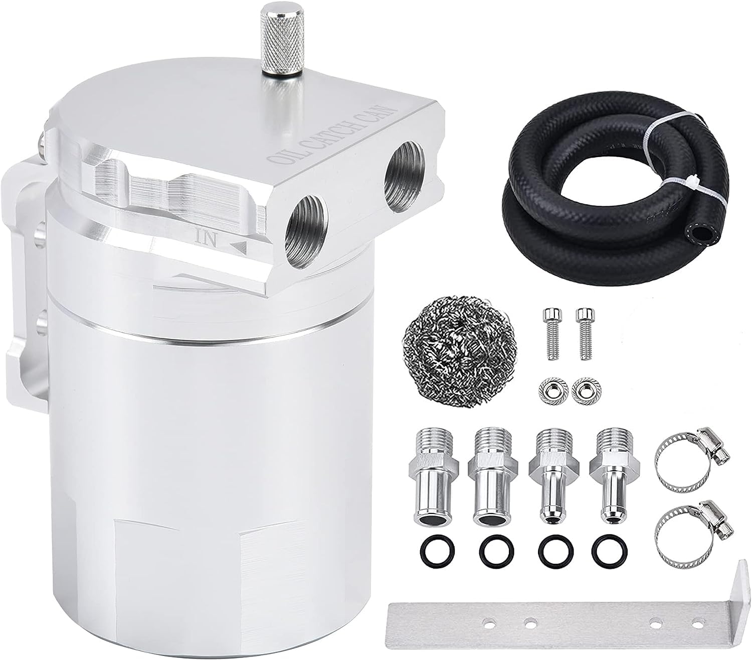 CENXI Aluminum 350ml Oil Catch Can Tank Kit Polish Baffled Reservoir with Breather Filter 3 / 8 Fuel Line Universal (Silver)