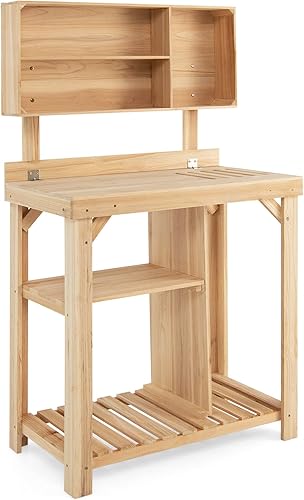Miniatura 9 de Safstar - Banco para macetas de jardín estación de madera para macetas con estantes inferiores y compartimentos superiores estación de trabajo de